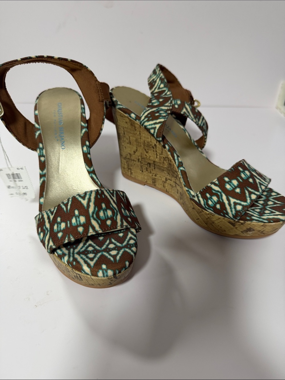 Christian Siriano Brown and Teal Pattern Cork Wedge Sandals